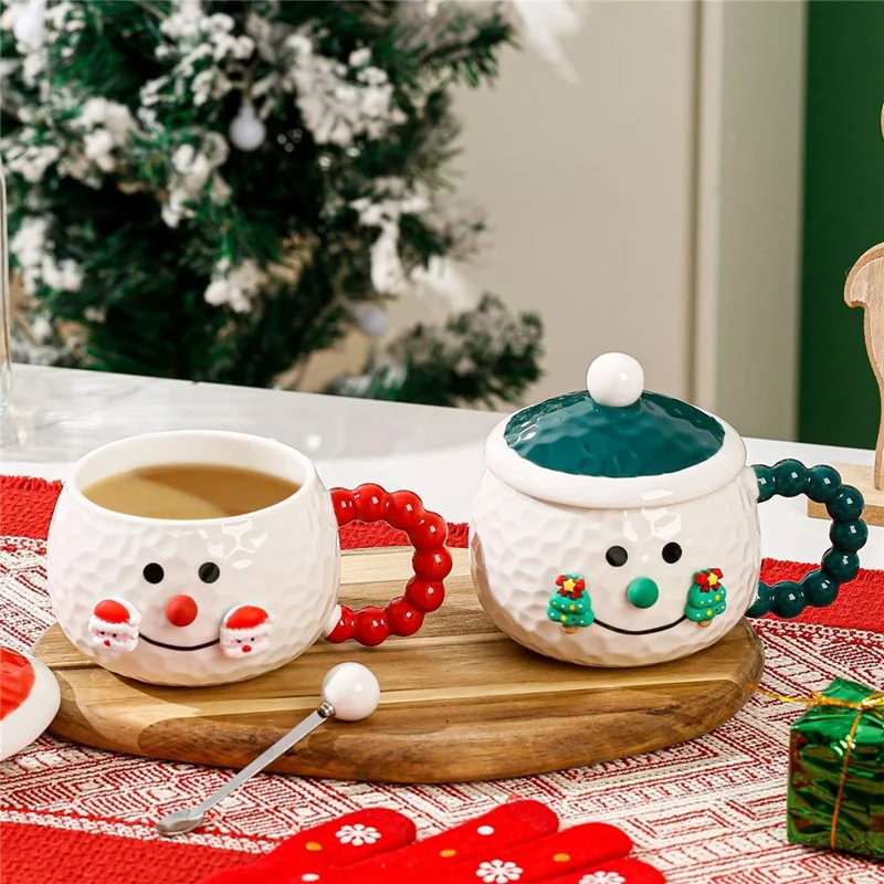 Creative Christmas Cartoon Ceramic Mug with Lid 420ml Coffee Cup for Holiday Gift - Green