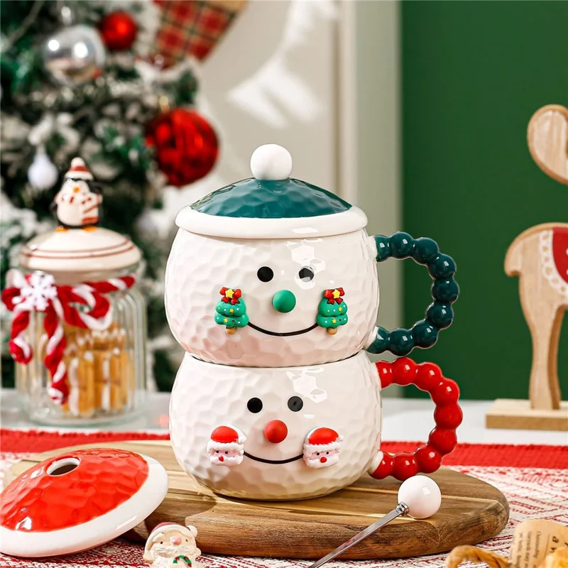 Creative Christmas Cartoon Ceramic Mug with Lid 420ml Coffee Cup for Holiday Gift - Green