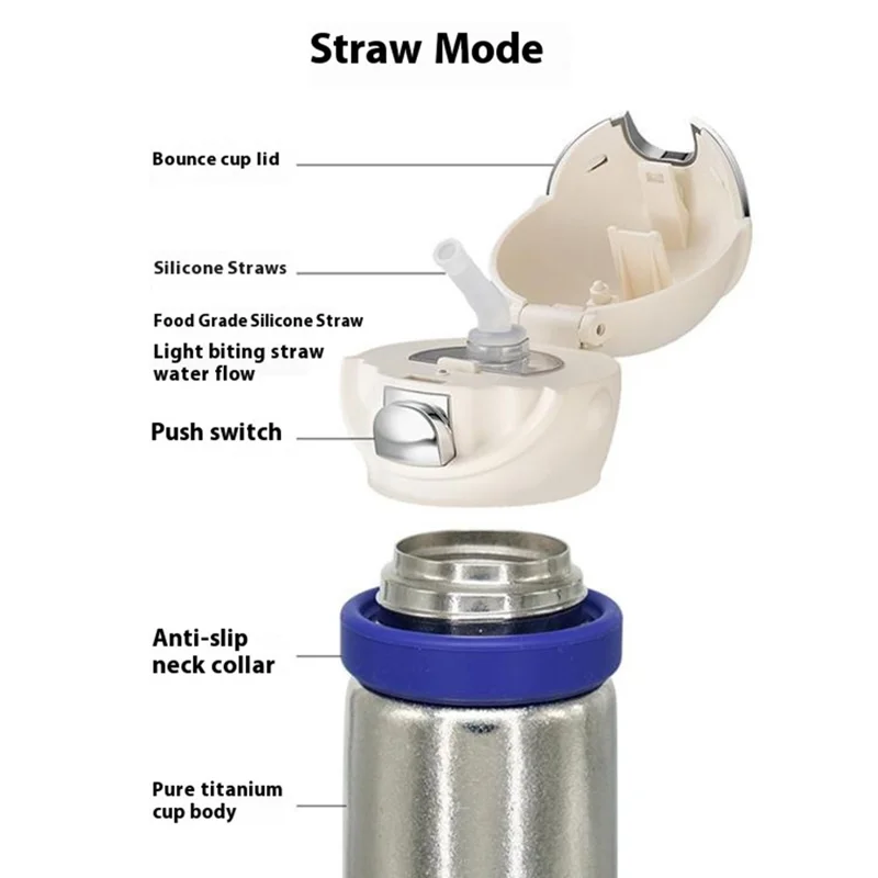 DONGHUIYUAN HA-16 550ml Pure Titanium Insulated Cup 2 in 1 Straw  /  Direct Drink Portable Water Bottle (BPA Free, No FDA) - Silver+White