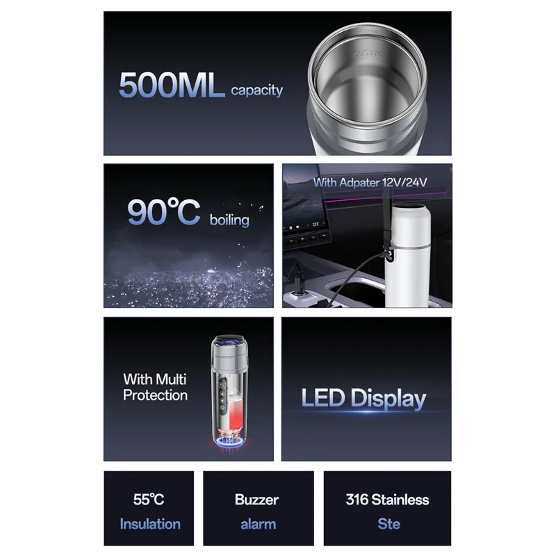 YESIDO VC20 Auto elektrische Heiztasse 500ml LED-Touch-Control Auto elektrische Heizgerät für Wasser, Kaffee, Tee