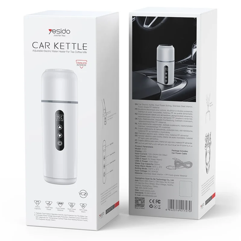 YESIDO VC20 Auto elektrische Heiztasse 500ml LED-Touch-Control Auto elektrische Heizgerät für Wasser, Kaffee, Tee