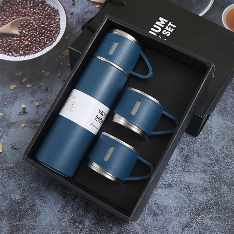 Bouteille d'eau isolée sous vide en acier inoxydable 304 de 500 ml avec couvercle à 3 couvercles (sans certificat FDA) - Bleu