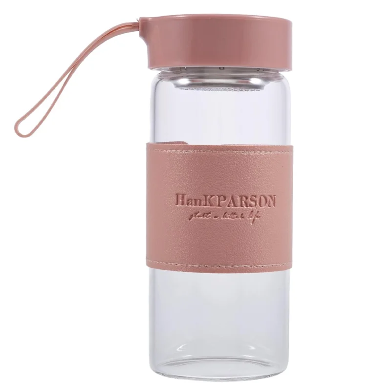 480ML High Borosilicate Glass Water Bottle Leather Sleeve Drinking Bottle (BPA-Free, No FDA Certified) - Pink