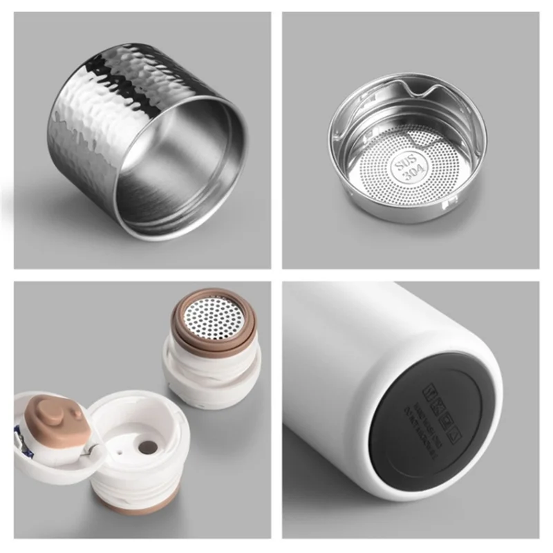 430 ml gehämmerte Textur-Deckel 316 Edelstahl-Isolierte Wasserflasche mit Tee-Sieb (BPA-frei, keine FDA-Zertifizierung) - Weiß