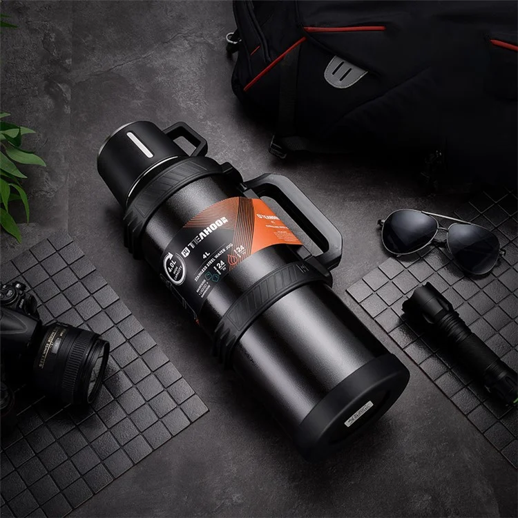 TEAHOO 4.0L Outdoor Water Bottle 304 Stainless Steel Insulated Cup (BPA Free, No FDA) - Black