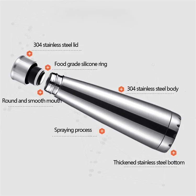 500ml 304 Stainless Steel Vacuum Insulated Cup Taper Water Bottle for Outdoor Sports (BPA Free, with FDA) - Silver