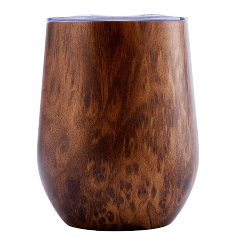 360ml Wood Grain Large Belly Coffee Mug 304 Stainless Steel Eggshell Insulation Cup (BPA Free, with FDA) - Teak Brown