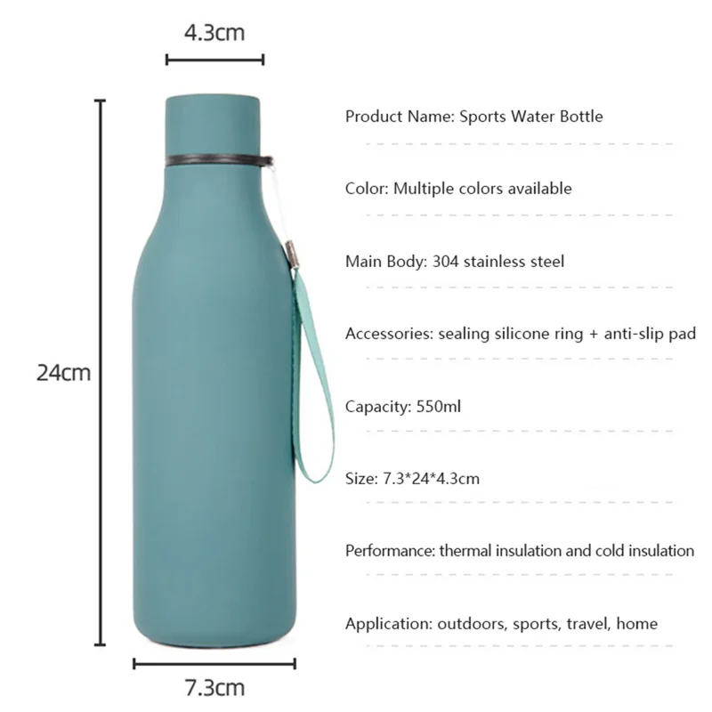Bottiglia d'acqua isolata sottovuoto da 550 ml, tazza in acciaio inossidabile 304 con cordino (senza BPA, con FDA) - Blu marina