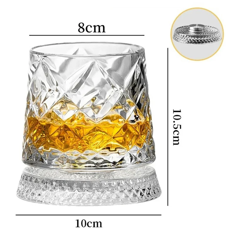 270ml Spinning Whiskey Glass Rotating Base 3D Embossed Pattern Crystal Glass Cup (BPA Free, No FDA) - Style A