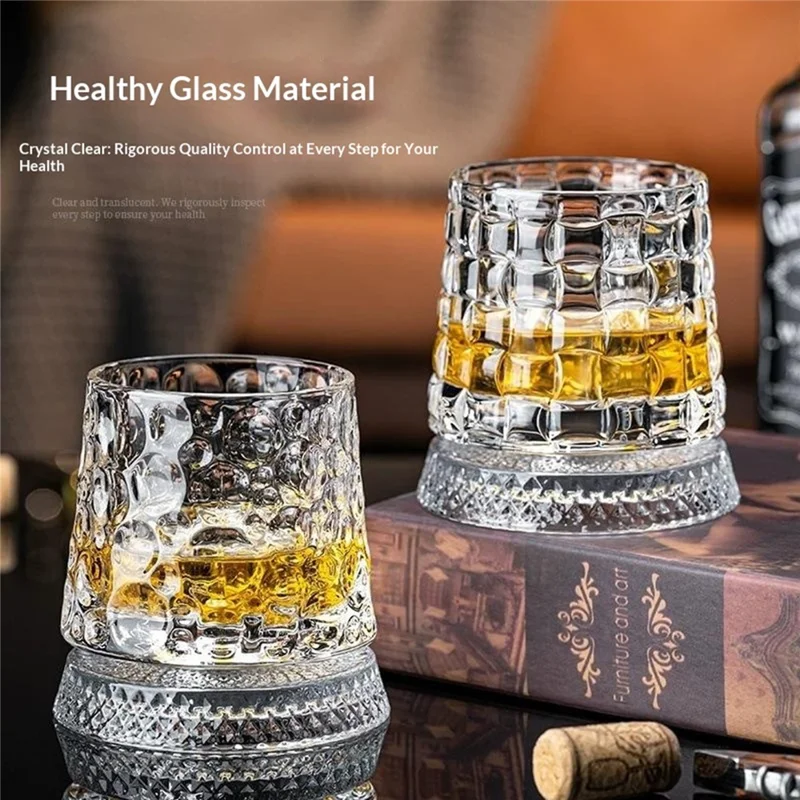 270ml Spinning Whiskey Glass Rotating Base 3D Embossed Pattern Crystal Glass Cup (BPA Free, No FDA) - Style A