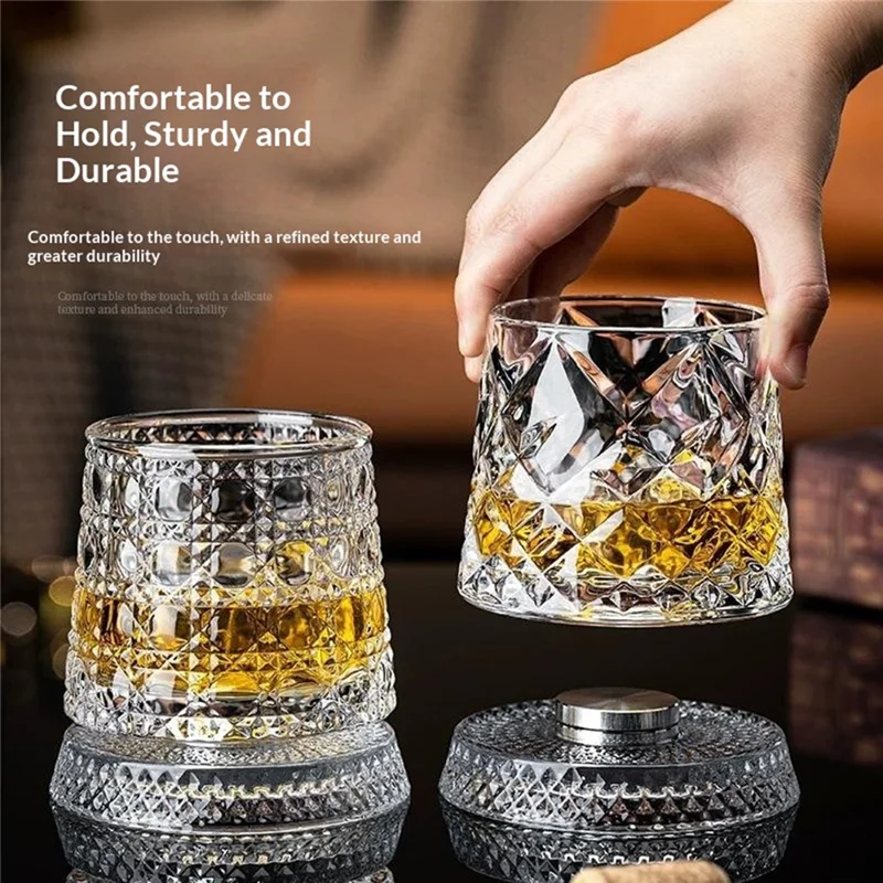 270ml Spinning Whiskey Glass Rotating Base 3D Embossed Pattern Crystal Glass Cup (BPA Free, No FDA) - Style A