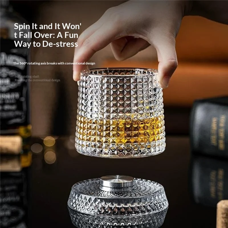 270ml Spinning Whiskey Glass Rotating Base 3D Embossed Pattern Crystal Glass Cup (BPA Free, No FDA) - Style A
