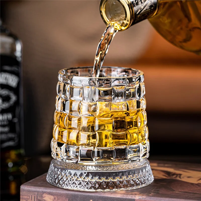 270ml Spinning Whiskey Glass Rotating Base 3D Embossed Pattern Crystal Glass Cup (BPA Free, No FDA) - Style A