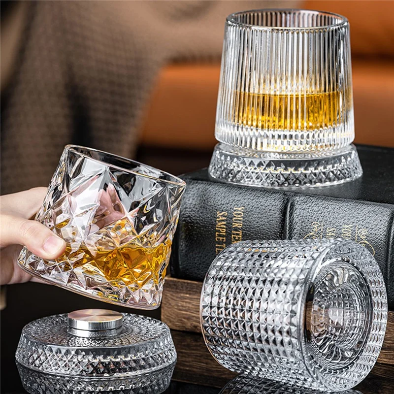 270ml Spinning Whiskey Glass Rotating Base 3D Embossed Pattern Crystal Glass Cup (BPA Free, No FDA) - Style A