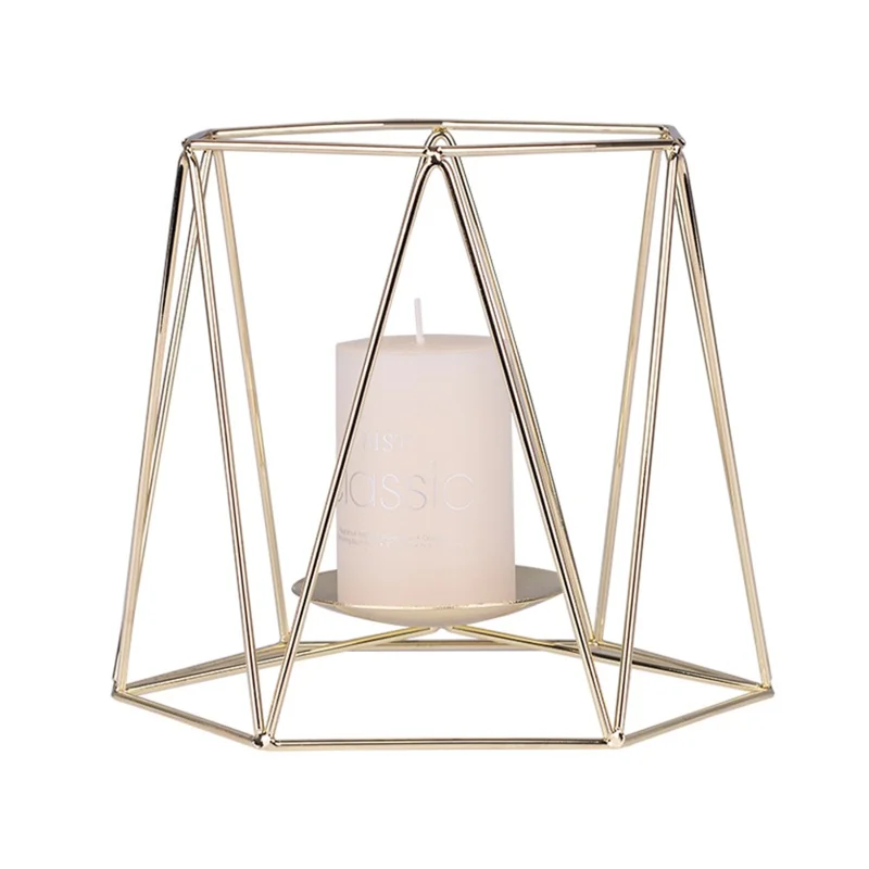 Iron Hollow Candle Holders Retro Geometric Design Tea Light Candlestick Holders for Vintage Wedding Home Decoration, Size: L - Gold