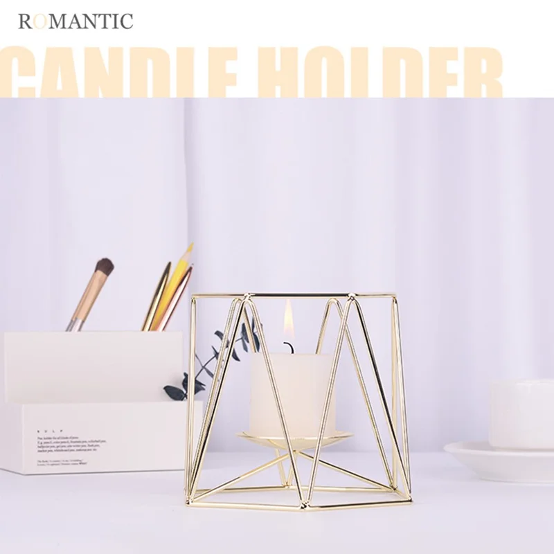 Iron Hollow Candle Holders Retro Geometric Design Tea Light Candlestick Holders for Vintage Wedding Home Decoration, Size: L - Gold
