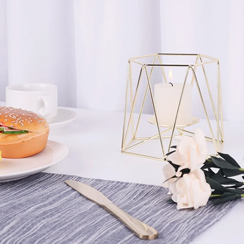 Iron Hollow Candle Holders Retro Geometric Design Tea Light Candlestick Holders for Vintage Wedding Home Decoration, Size: L - Gold