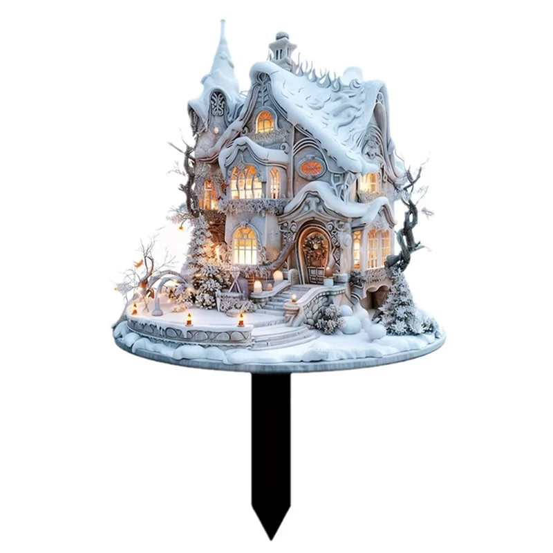 Christmas Snow House Sign Acrylic Waterproof 2D Winter Holiday House Potted Plants Ground Plug