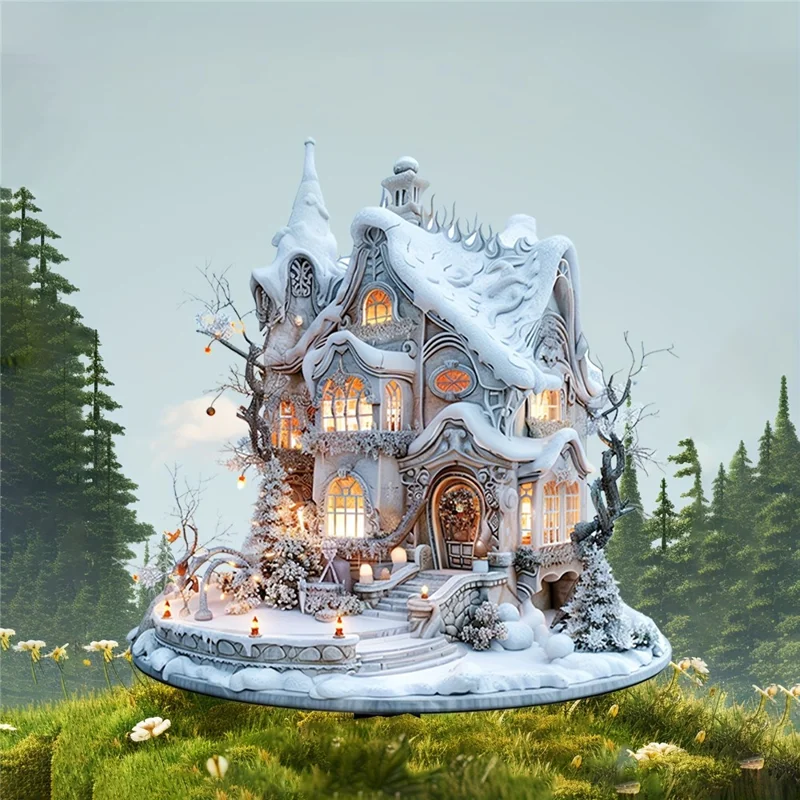 Christmas Snow House Sign Acrylic Waterproof 2D Winter Holiday House Potted Plants Ground Plug