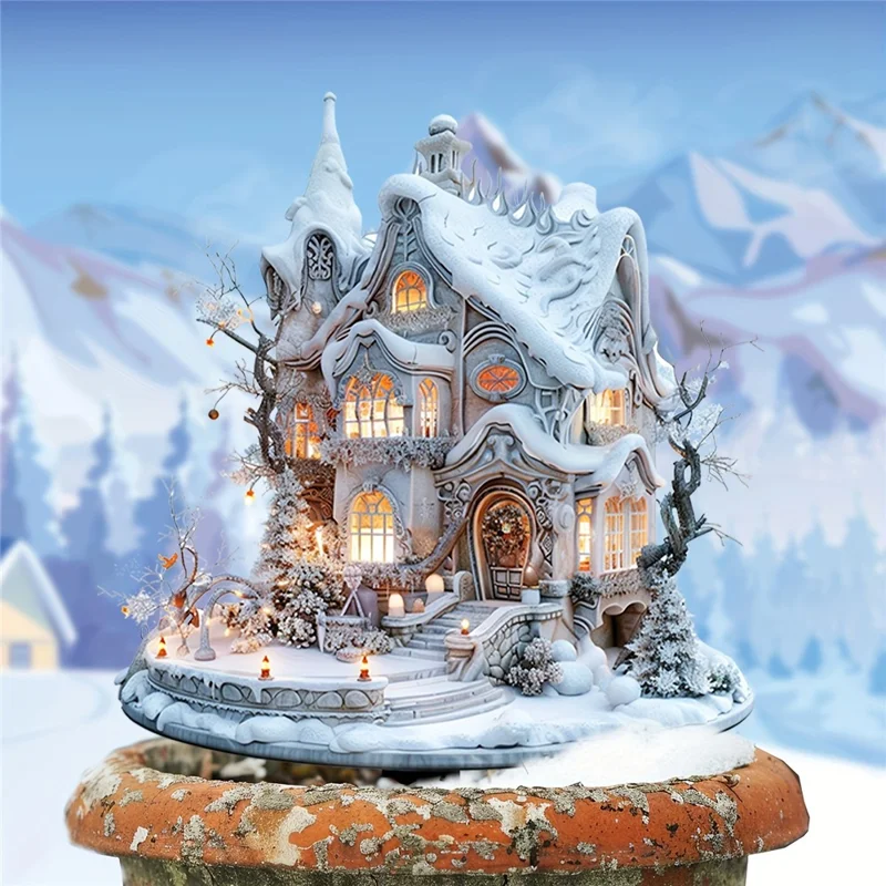 Christmas Snow House Sign Acrylic Waterproof 2D Winter Holiday House Potted Plants Ground Plug