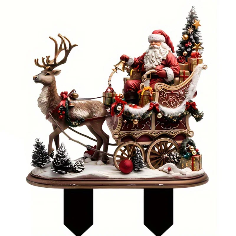 Bohemian Christmas Garden Stake Acrylic Santa and Sleigh Holiday Decor Potted Plants Ground Plugs