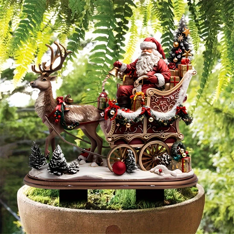 Bohemian Christmas Garden Stake Acrylic Santa and Sleigh Holiday Decor Potted Plants Ground Plugs