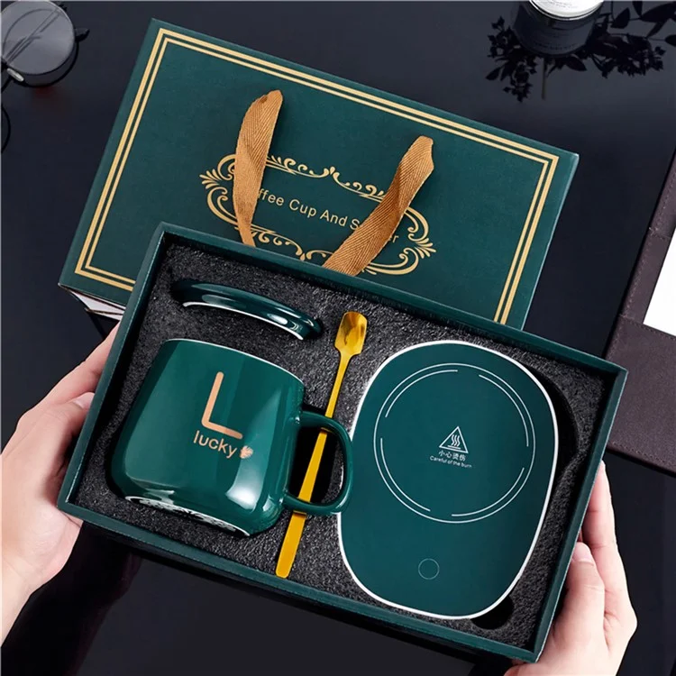 Smart Ceramic Coffee Mug Set 55-Degree Constant Temperature Heating Coaster Warmer Milk Heater - Green