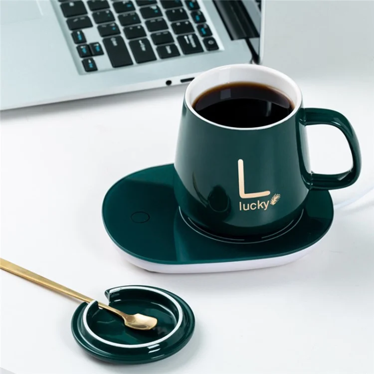 Smart Ceramic Coffee Mug Set 55-Degree Constant Temperature Heating Coaster Warmer Milk Heater - Green