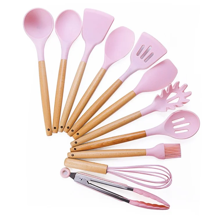 Kn073 12pcs Ustensiles de Cuisson en Silicone Ensemble Avec Des Ustensiles de Cuisine à Poignée en Bois Avec Seau de Rangement (sans Bpa / Certification Fda)