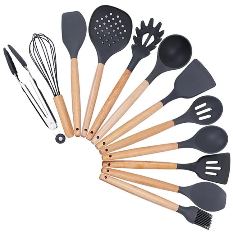 Kn020 12pcs Utensile da Cucina in Silicone Set Con Set di Utensili da Cottura a Manico in Legno di Stoccaggio (senza Bpa / Certificazione Fda)