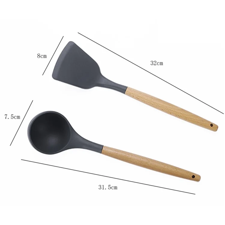 kn020 11Pcs Silicone Cooking Utensil Set with Holder Wooden Handles Kitchen Gadgets (BPA-Free, FDA Certification)