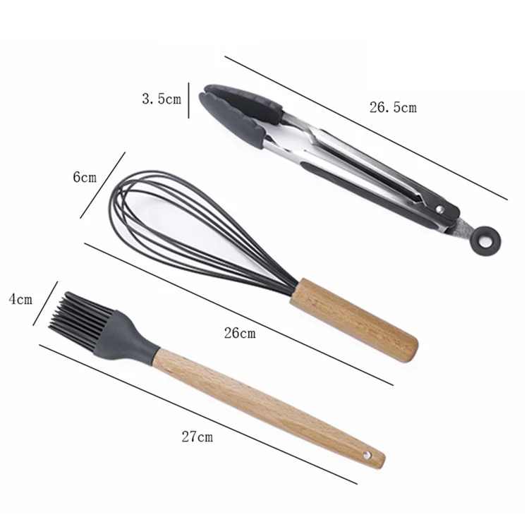 kn020 11Pcs Silicone Cooking Utensil Set with Holder Wooden Handles Kitchen Gadgets (BPA-Free, FDA Certification)