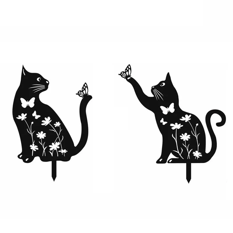 2Pcs Creative Iron Art Garden Ornaments Hollow Cat Landscape Lawn Insert Decoration