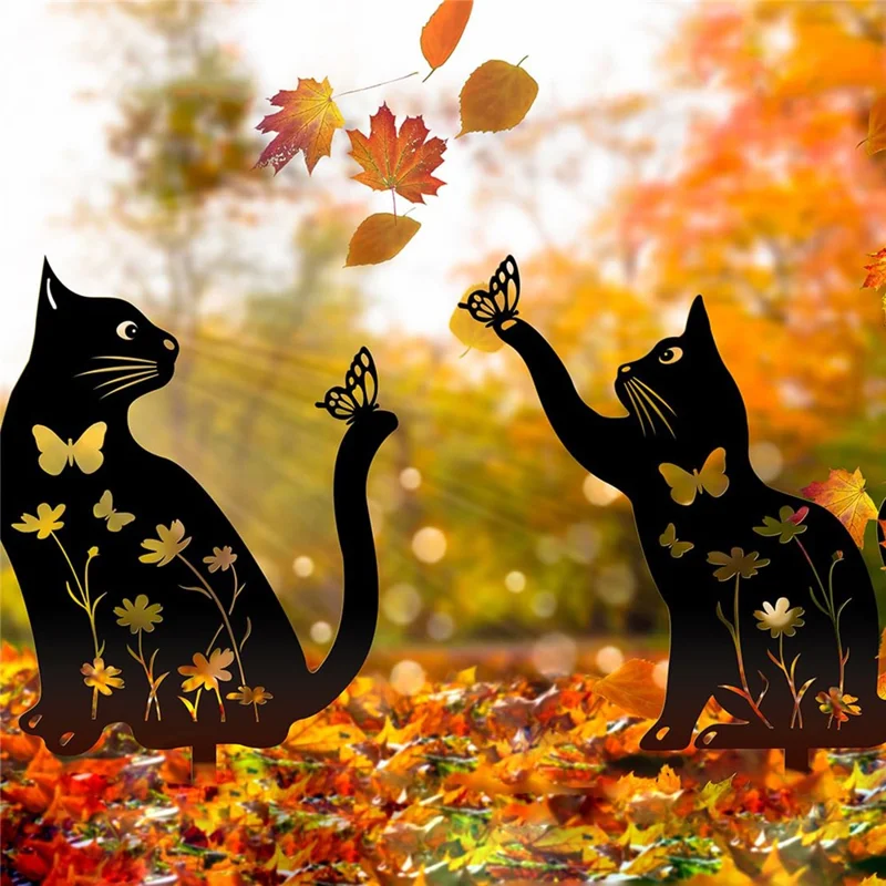 2Pcs Creative Iron Art Garden Ornaments Hollow Cat Landscape Lawn Insert Decoration