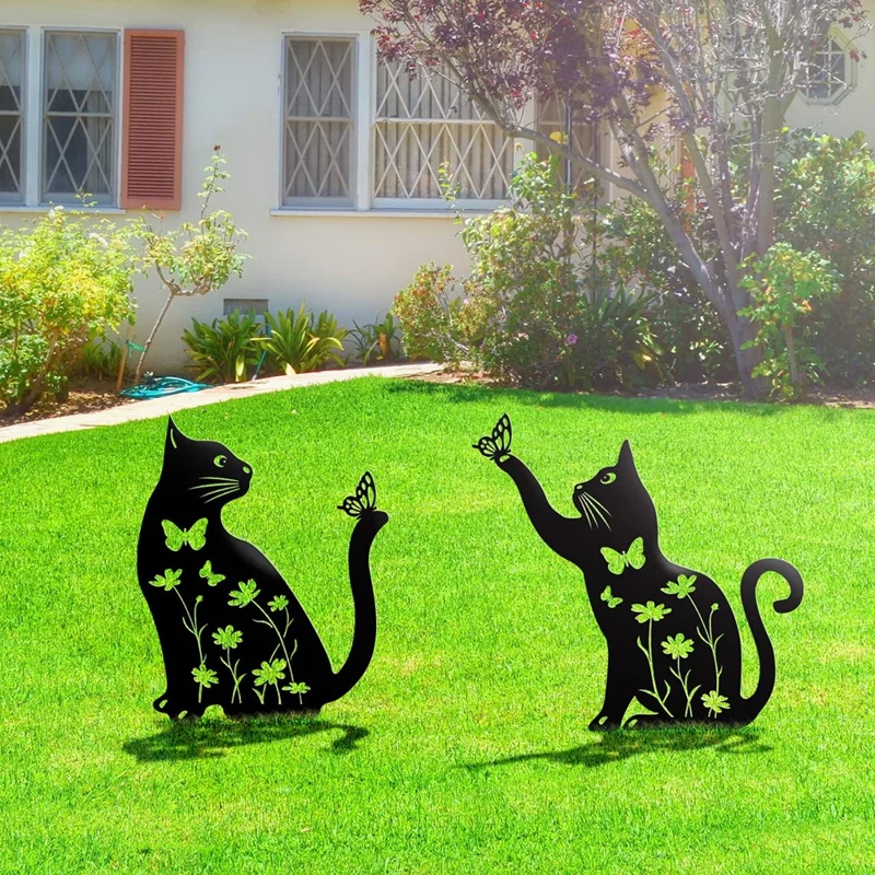 2Pcs Creative Iron Art Garden Ornaments Hollow Cat Landscape Lawn Insert Decoration