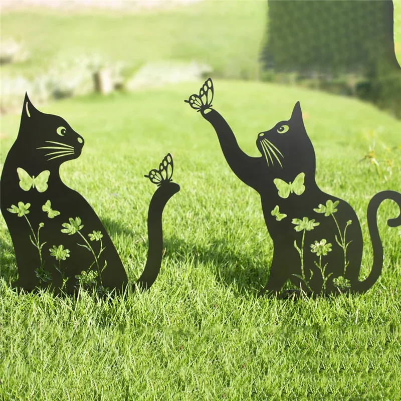 2Pcs Creative Iron Art Garden Ornaments Hollow Cat Landscape Lawn Insert Decoration