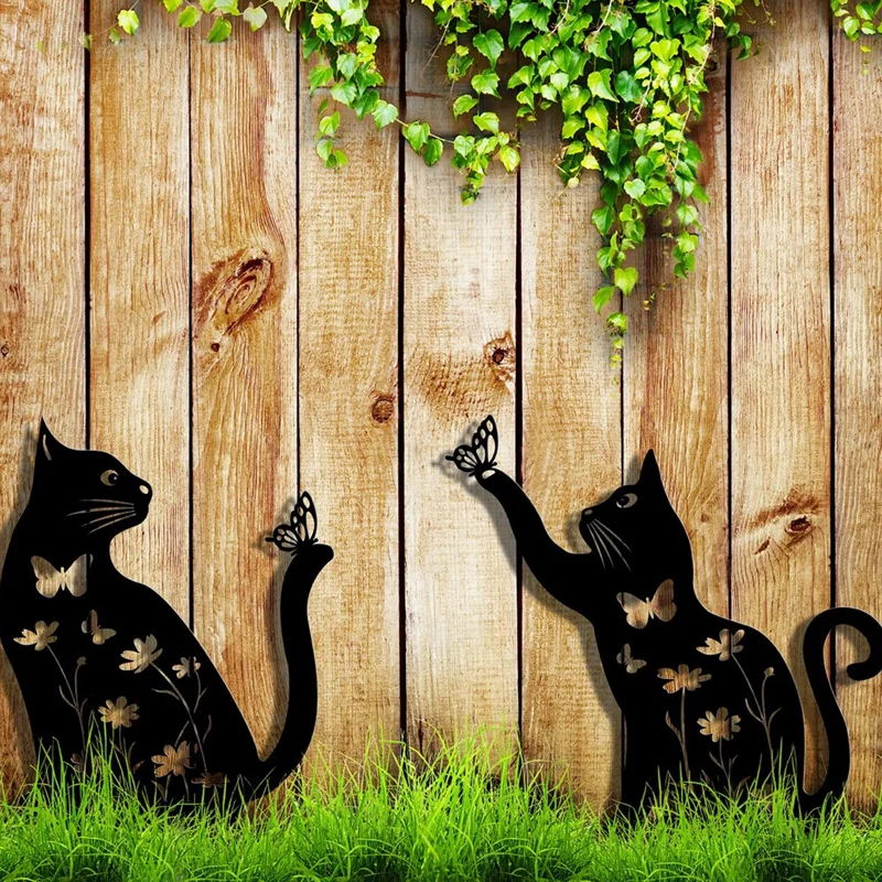 2Pcs Creative Iron Art Garden Ornaments Hollow Cat Landscape Lawn Insert Decoration