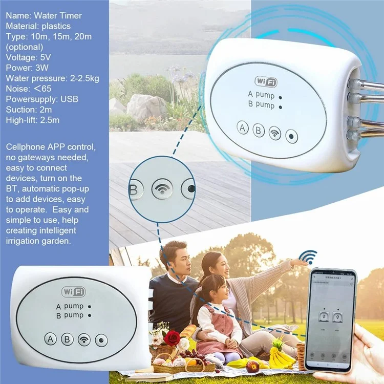 Dualpumpen-Fernwasserzeitschalter Pflanzsubtrat Smart WiFi Bewässerungsgerät mit 20m Wasserschlauch+30 Emitter 