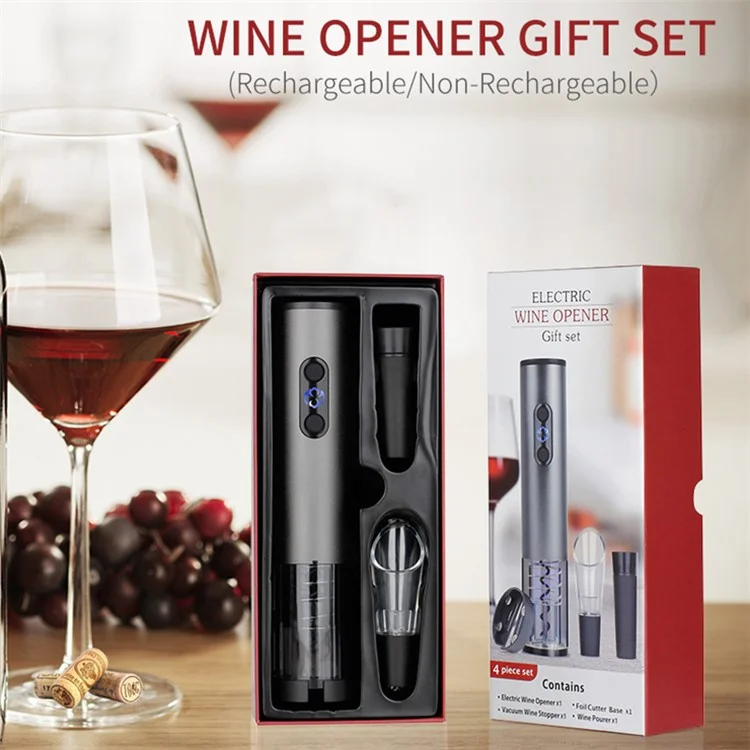 SW-WG25U Portable Electric Wine Opener Rechargeable Bottle Opener Set with Vacuum Plug, Wine Pourer - Silvery Grey