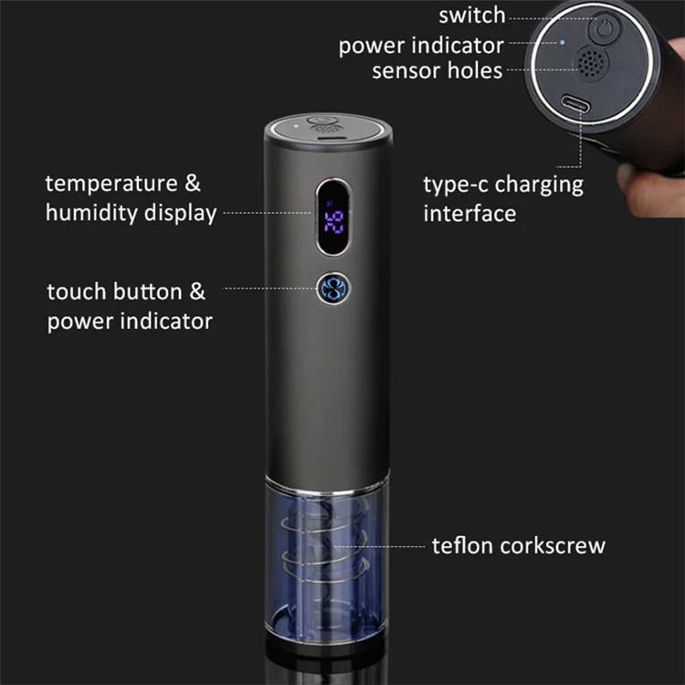 SW-C007 USB Charging Mini Electric Wine Bottle Opener Wine Gift One-click Button Corkscew Opener with Temperature / Humidity Display