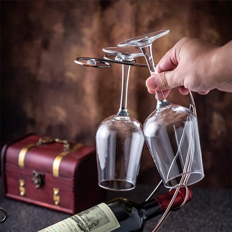 002A005 Creative Red Wine Iron Wire Display Rack Wine Bottle Dual Cup Holder - Bronze