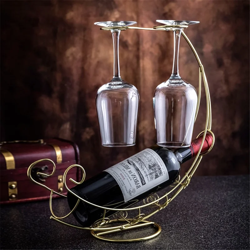 002A005 Creative Red Wine Iron Wire Display Rack Wine Bottle Dual Cup Holder - Gold