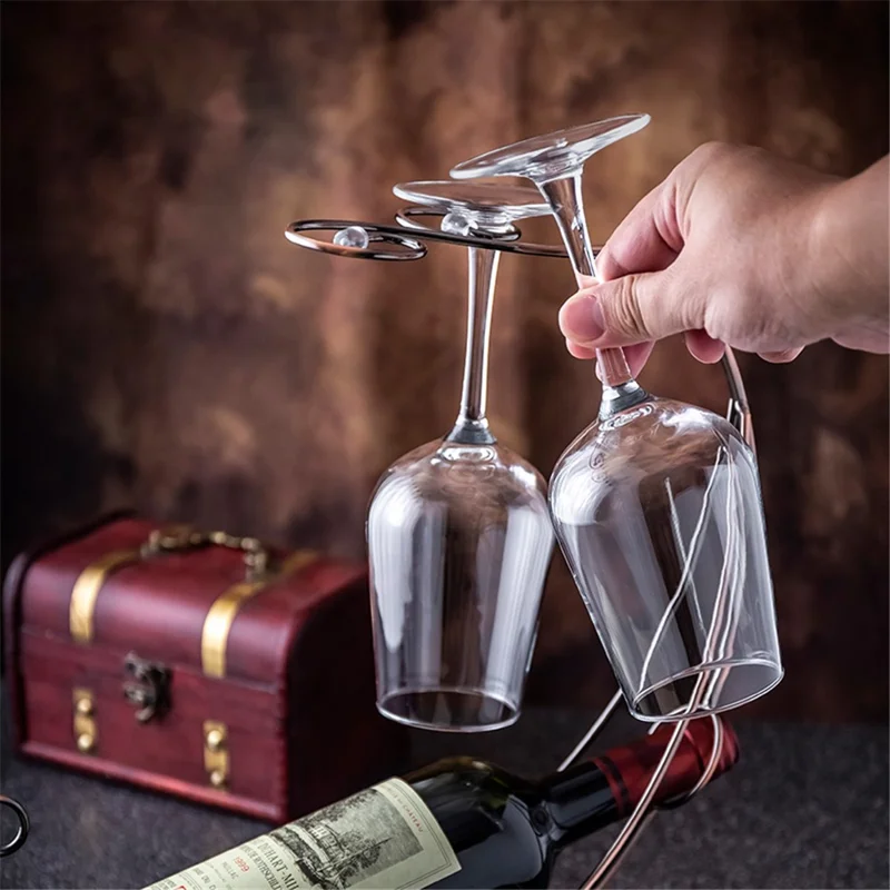 002A005 Creative Red Wine Iron Wire Display Rack Wine Bottle Dual Cup Holder - Gold