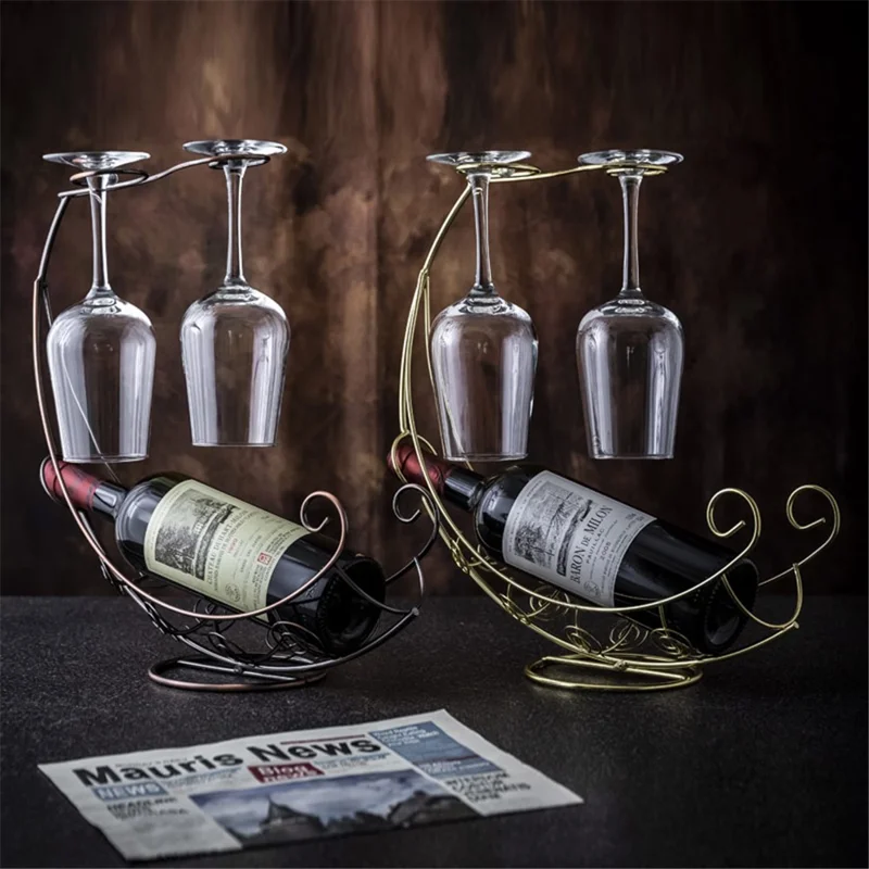 002A005 Creative Red Wine Iron Wire Display Rack Wine Bottle Dual Cup Holder - Gold