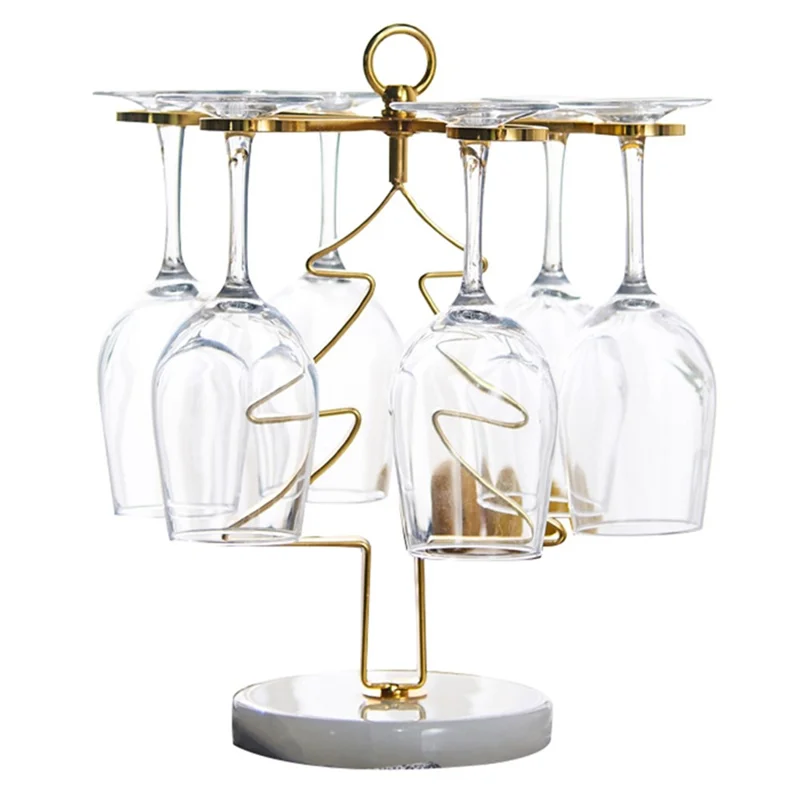 002C041 Christmas Tree Wine Glass Holder 6-Glass Countertop Standing Rack for Bar Kitchen Table Display - Gold
