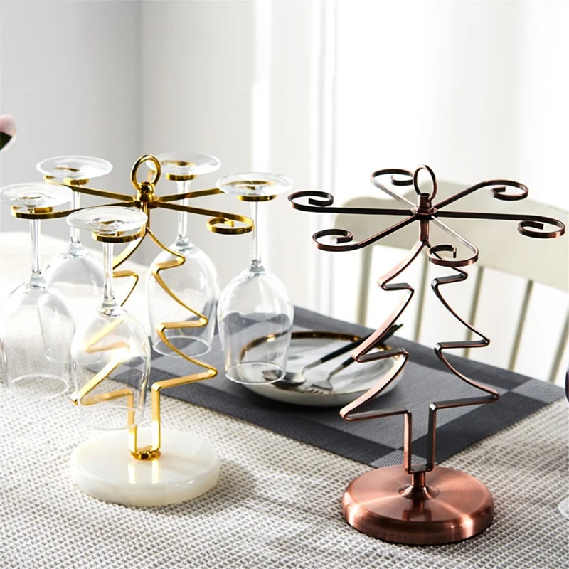 002C041 Christmas Tree Wine Glass Holder 6-Glass Countertop Standing Rack for Bar Kitchen Table Display - Gold