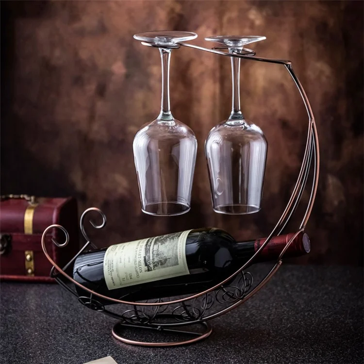 002A015 European Style 2 Glass Cup Hanger Stand Wine Bottle Iron Storage Rack for Home Decor - Bronze