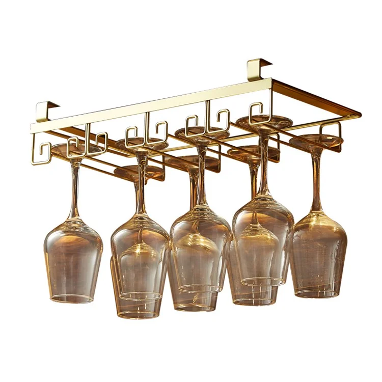 002C066-4 Punching-Free Glass Cup Rack Under Cabinet Stemware 8 Wine Glass Holder Hanger - Gold