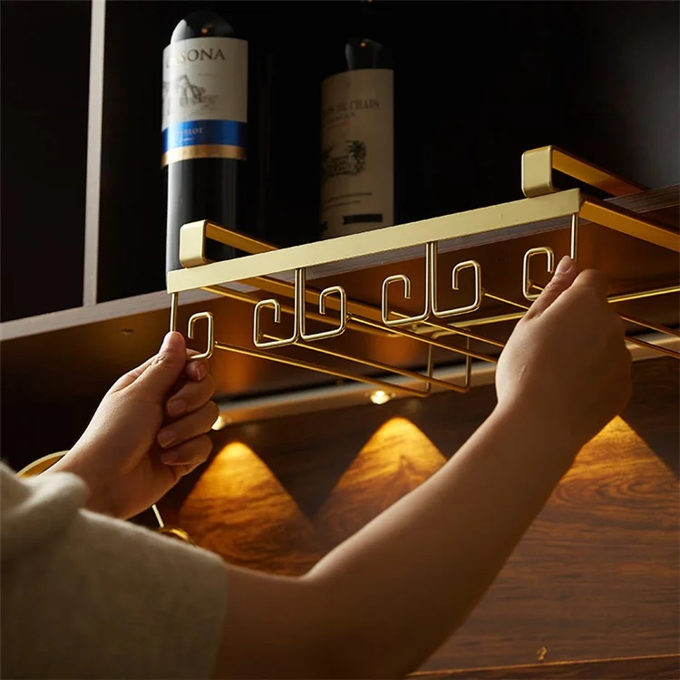 002C066-4 Punching-Free Glass Cup Rack Under Cabinet Stemware 8 Wine Glass Holder Hanger - Gold