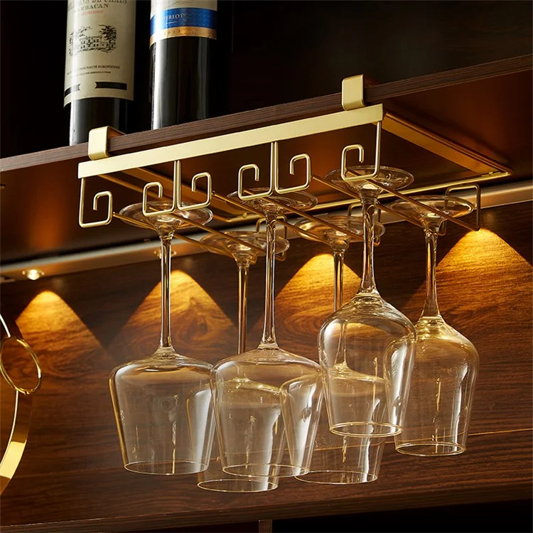 002C066-4 Punching-Free Glass Cup Rack Under Cabinet Stemware 8 Wine Glass Holder Hanger - Gold